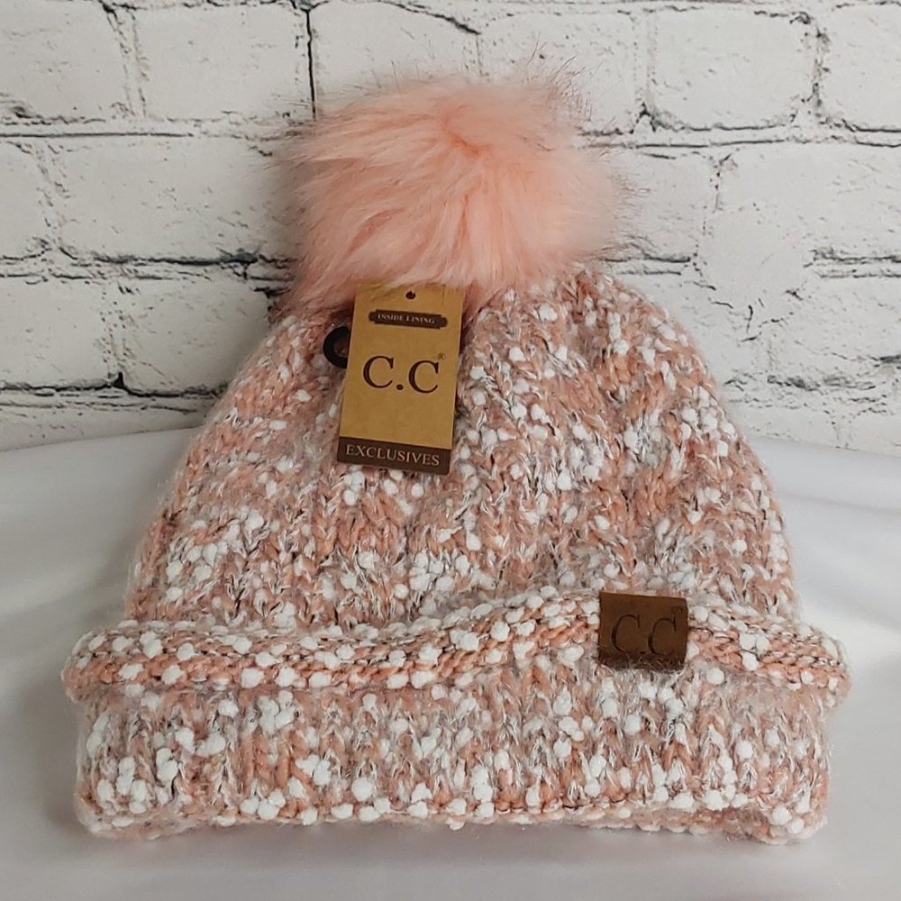 'C.C BEANIE' FLEECE~LINED POM-POM BEANIE ROSEA
